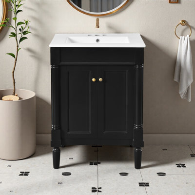 Meuble-lavabo 24 po avec lavabo supérieur, meuble de rangement moderne à 2 niveaux, meuble-lavabo simple, grandes tablettes de rangement