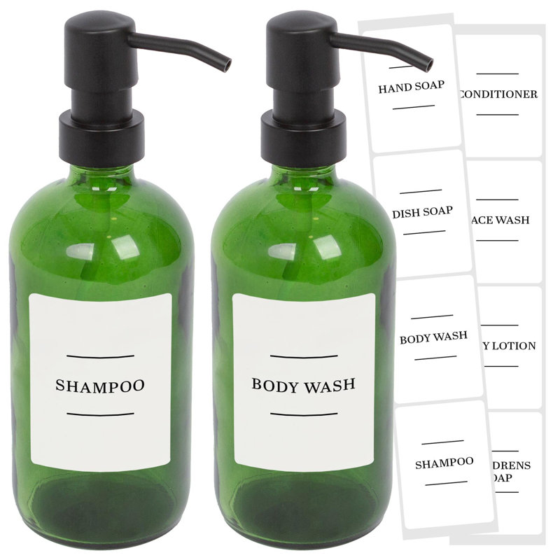 Glass Soap Dispensers with Labels - 500ml, Green/White