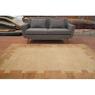 Natural Toned Wool Gabbeh Style Area Rug 5x8 with Unique Border Design