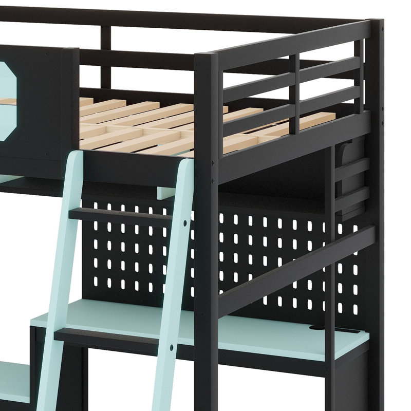 Wood Loft Bed With Desk, Shelves, LED Lights, USB Ports And Pegboard, Black/Blue