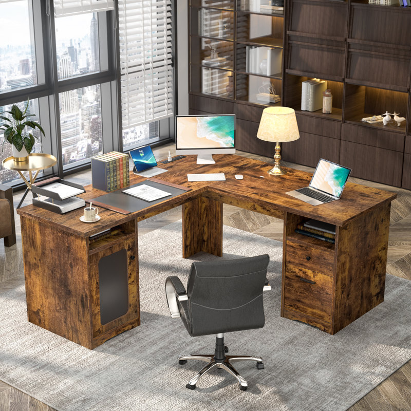Detcho 60'' L Shaped Executive Desk with Drawers and Power Outlets, Brown