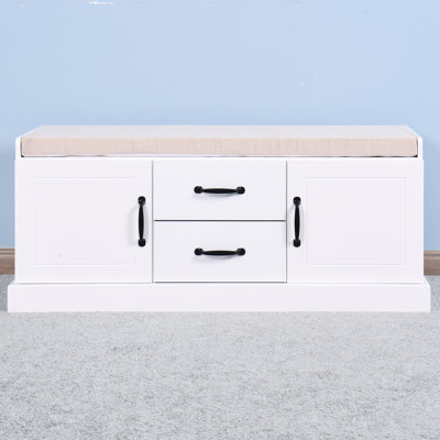 Banc de salon en bois avec range-chaussures, 2 portes et tiroirs, coussin blanc, 42,22 po Profondeur, largeur de 16,22 po, hauteur de 17,05 po et poids de 48,84 lb pour le vestibule, matériau,