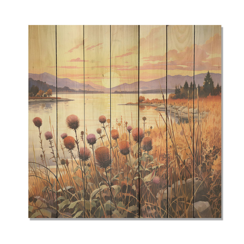 Summer Sunset Thistle Meadow - Thistle On Wood Print, 25" H x 25" W