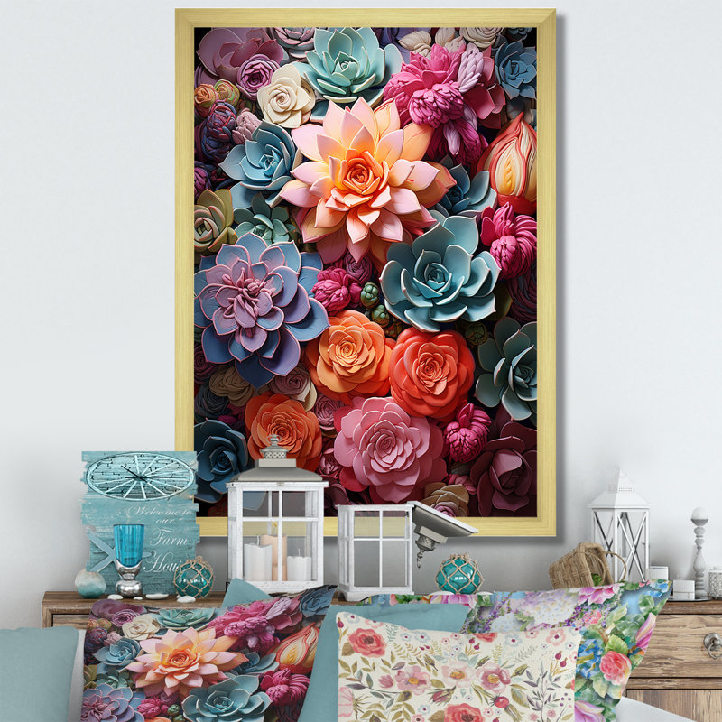 Larghetto Colorful Succulents Delight sur impression sur toile, H 32 po x l 16 po x P 1 po, Cadre photo doré
