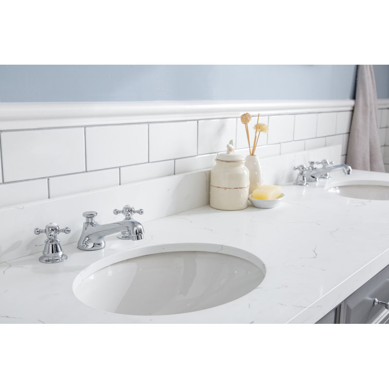 72" Palace Collection Quartz Carrara Cashmere Grey Bathroom Vanity Set With Hardware And F2-0012 Faucets in Chrome Finish