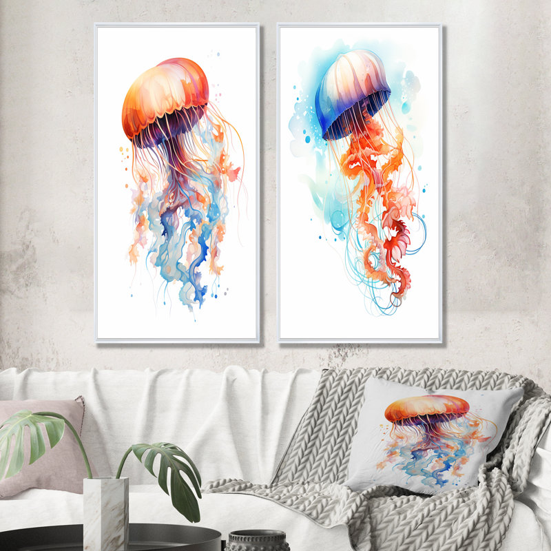 Orange et bleu méduse Jive I - ensemble d'art mural sur toile méduse, Cadre blanc, H 32 po x l 33 po