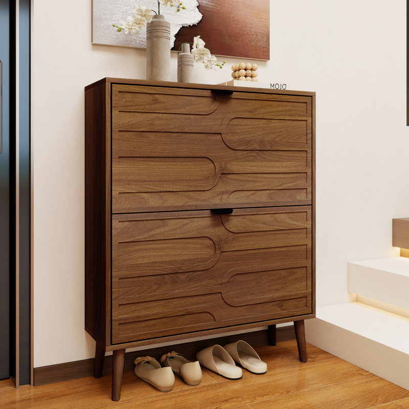 Walnut Shoe Storage Cabinet,Narrow Shoe Cabinet With 2 Flip Drawers,Slim Wood Shoes Cupboard For Entryway