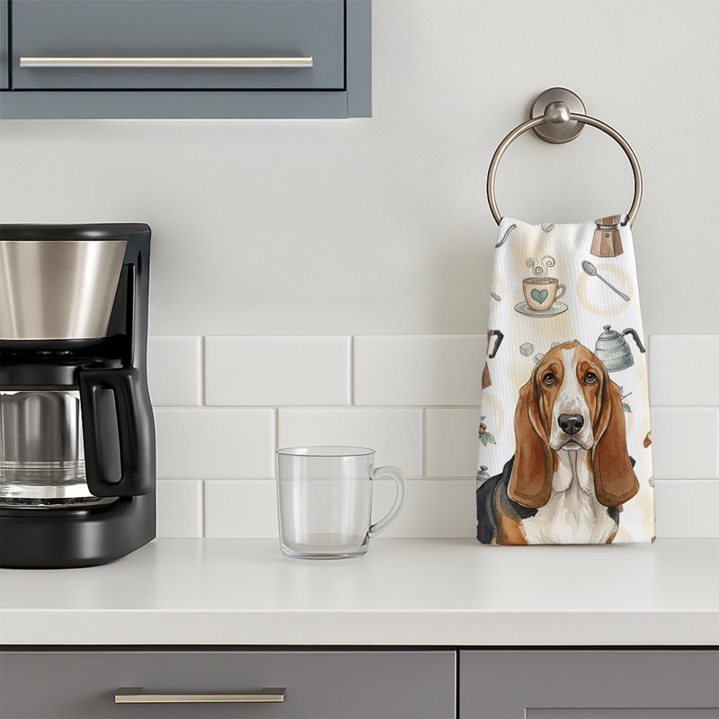 Serviette de cuisine tricolore et blanche Basset Hound, Basset hound tricolore et blanc