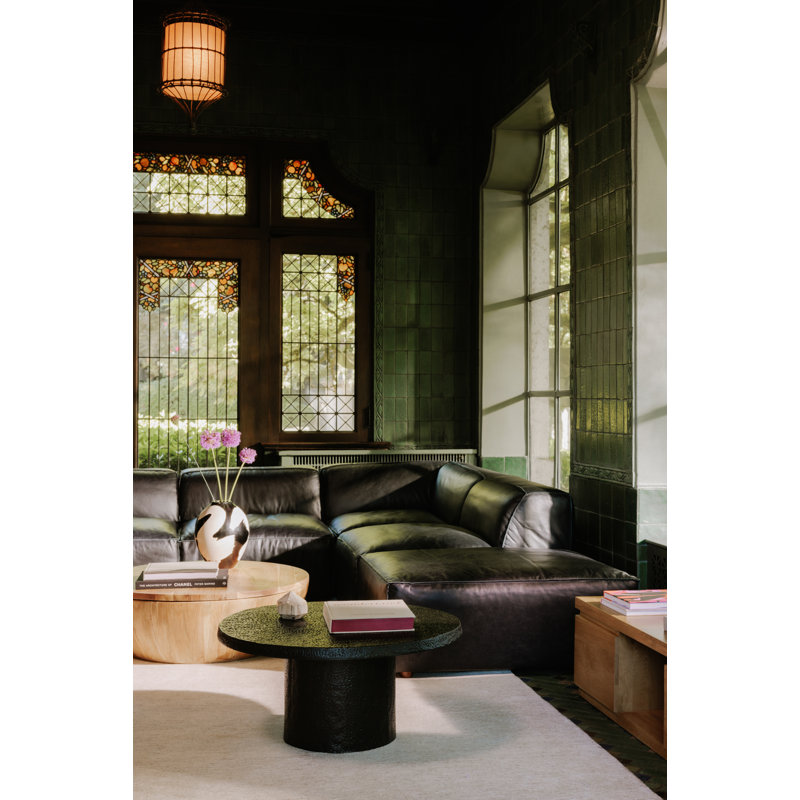 Form Astra 5 - Genuine Leather Modular Sectional with Ottoman, Black Genuine Leather, 26" H x 112" W x 102.5" D