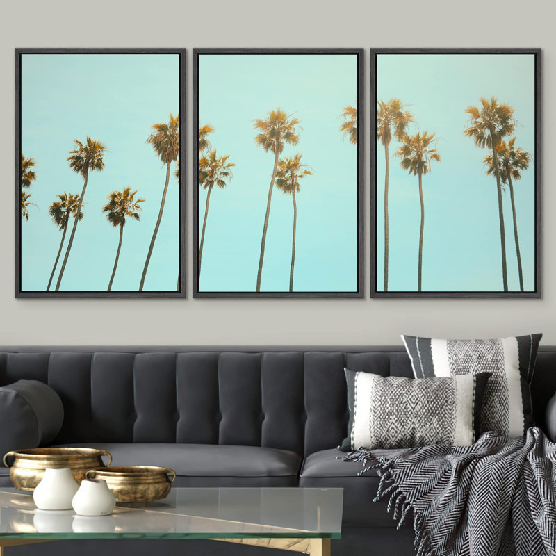Beach And Plants " Hazy Effect - Tropical Green Palm Trees Coastal Beachy Decor Photography Modern Art Pictures Relax " 3 - Pieces