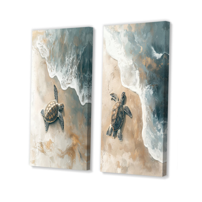 Baby Turtle Trails On The Beach I - animaux, art mural 2 panneaux, H 40 po x l 41 po, Toile tendue