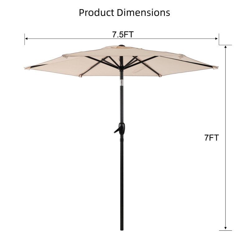 Parasol de terrasse 7,5 pi avec manivelle et inclinaison, beige, 6 côtes, polyester imperméable, sans la base du parasol