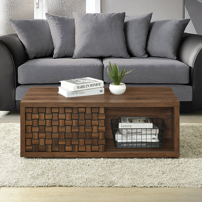 Table basse avec porte coulissante en noyer moderne 39,4 po Adonia
