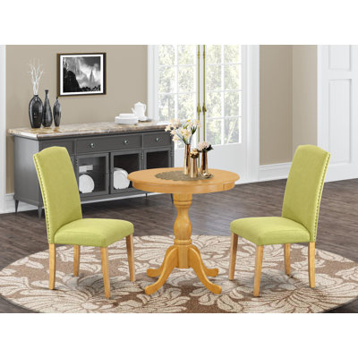 Ensemble de coin repas 3 pièces pour petits espaces comprenant une table de salle à manger ronde avec piédestal et 2 chaises rembourrées en tissu de lin Limelight, chêne