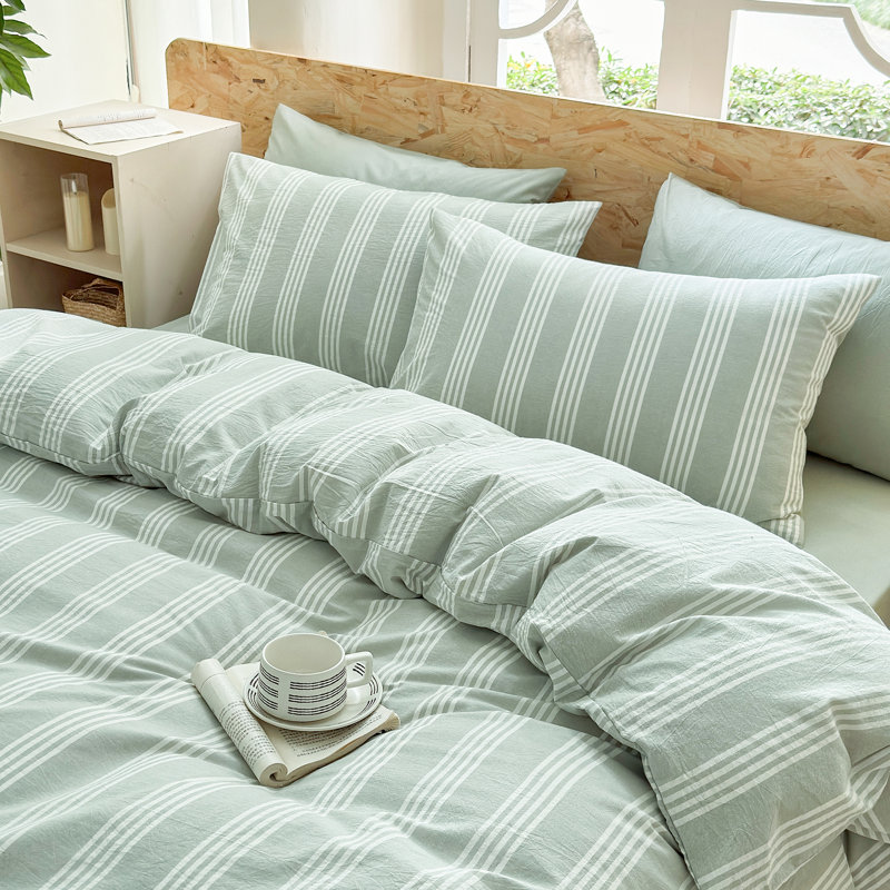 DONEUS Striped Duvet Cover Set 100% Washed Cotton Linen Like Soft Feelling 3 Pieces Bedding Set, Sage Green/White