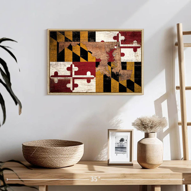 Carte d'État sur le drapeau du Maryland, 19 po x 13 po, Cadre flottant en bois naturel
