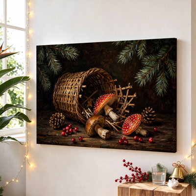 Panier de champignons et de pommes de pin, toile tendue, 61 x 91 cm, décoration murale moderne pour salon et chambre