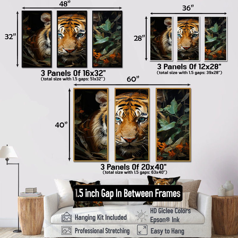 Feline Focus Tigers In Jungle 1 - Art mural jungle, Cadre flottant doré, H 28 po x l 36 po