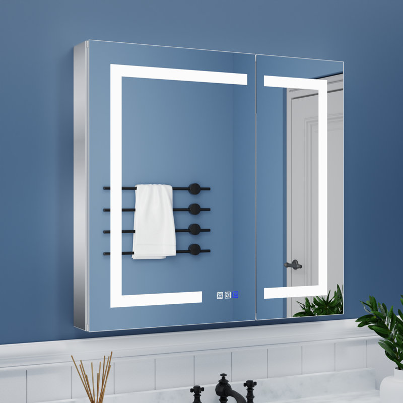 Tankersley Recessed or Surface Mount Frameless 3 Door Medicine Cabinet with 6 Adjustable Shelves and Lighting