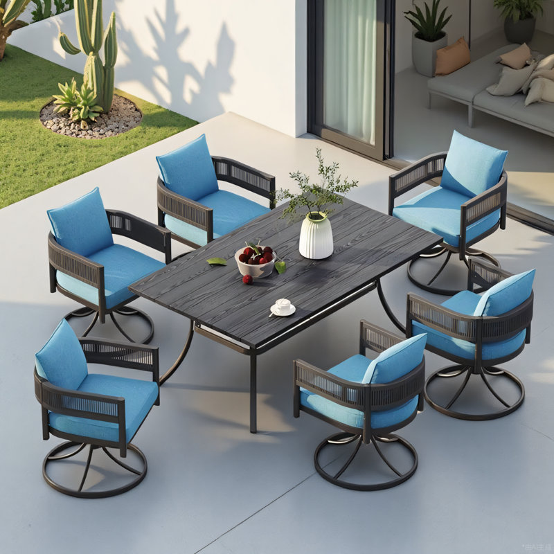 Fauteuil de salle à manger pivotant en osier Maine, Tissu bleu paon, Cadre noir et osier brun