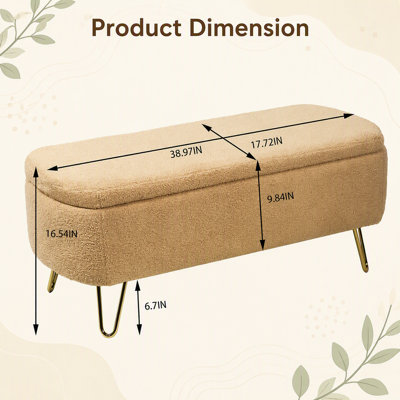 Banc de rangement avec repose-pieds Camel pour pieds dorés, banc d'entrée en fausse fourrure de chameau moderne rembourré avec rangement pour la chambre du salon