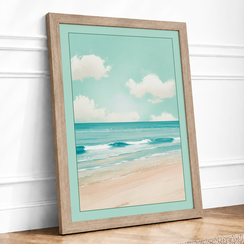 Serene Beach Horizon Coastal - Framed Print, A4 - 29.7 x 21.0 cm, Oak