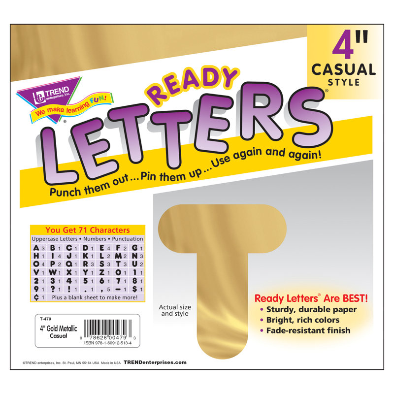 Or métallique, lettres majuscules de 4 po, Doré