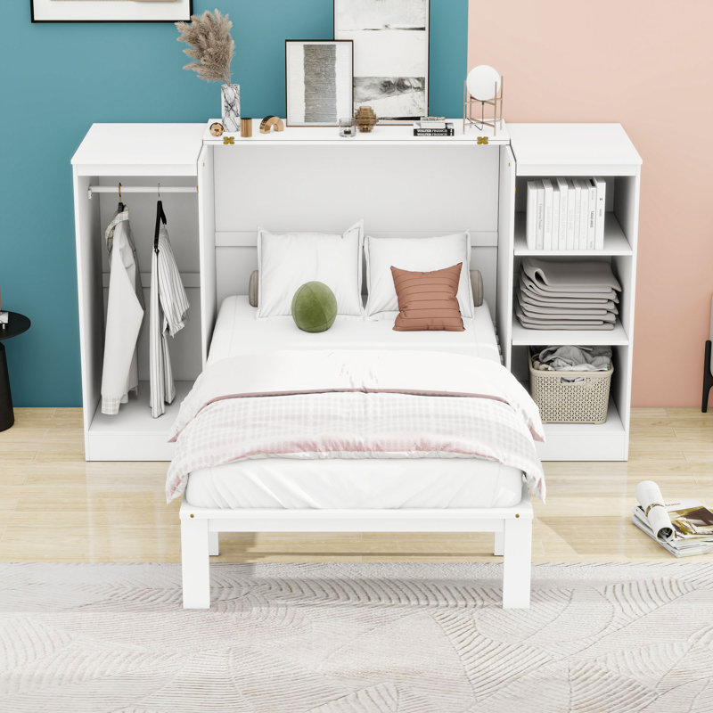 Lit escamotable simple avec garde-robe intégrée et tablettes de rangement