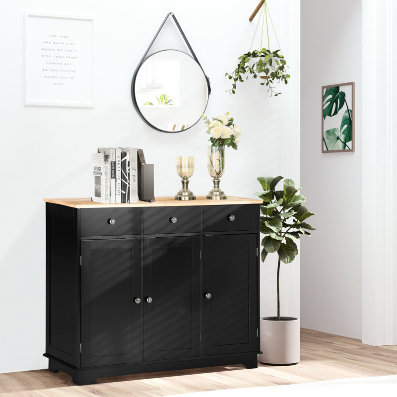 Buffet de rangement pour cuisine - comptoir en bois massif, 3 tiroirs, portes, tablette réglable noire, unité fonctionnelle noire avec portes d'armoire