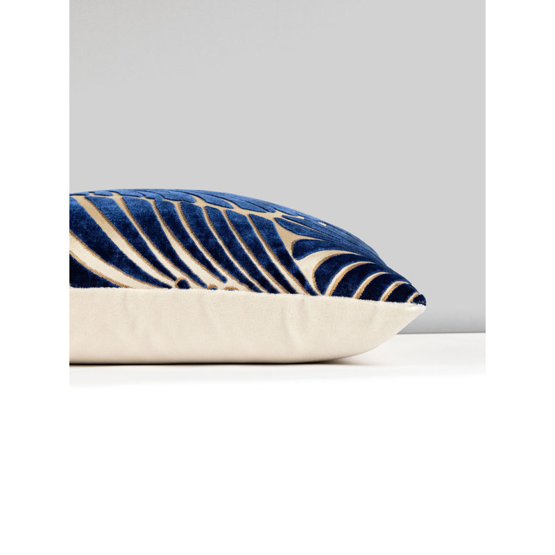 PLUMES / VELVET PILLOW, Square, Sapphire/Beige, 22" H x 22" W