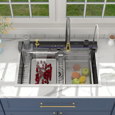 30" x 19" Digital Display Waterfall Kitchen Sink 16 Gauge Stainless Steel Workstation Kitchen Sink Drop In Single Bowl  Kitchen Sink with Accessories