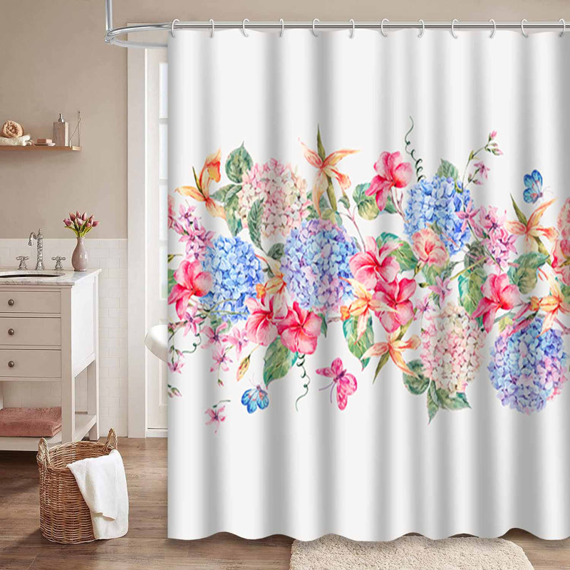 Rideau de douche imperméable à motif floral avec hortensias rétro avec 12 crochets, L 72 po x l 78 po