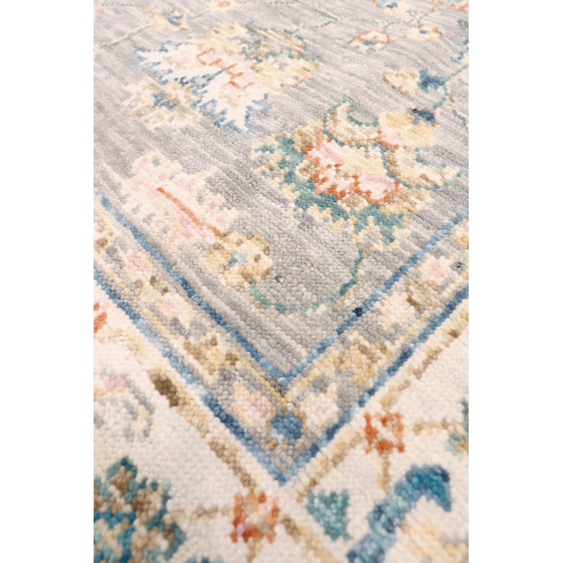 Tapis oriental gris / crème / bleu en laine / coton 6 pi x 9 pi 2 po Oriental