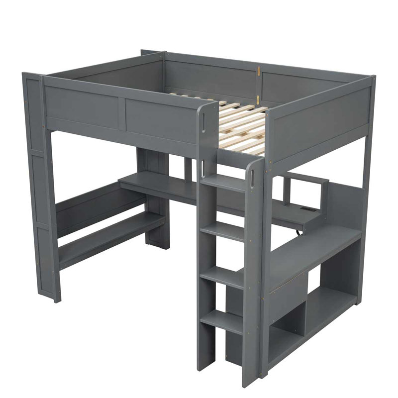 Lit mezzanine en bois gris foncé avec bureau, DEL et chargement multifonctionnel pour économiser de l'espace, Full
