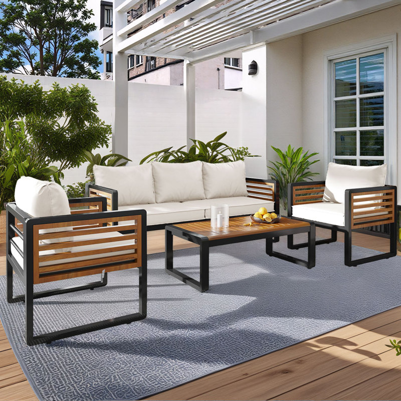 Outdoor 5-Person Sofa Seating Group with Removable Cushion and Acacia Wood Tabletop, Beige
