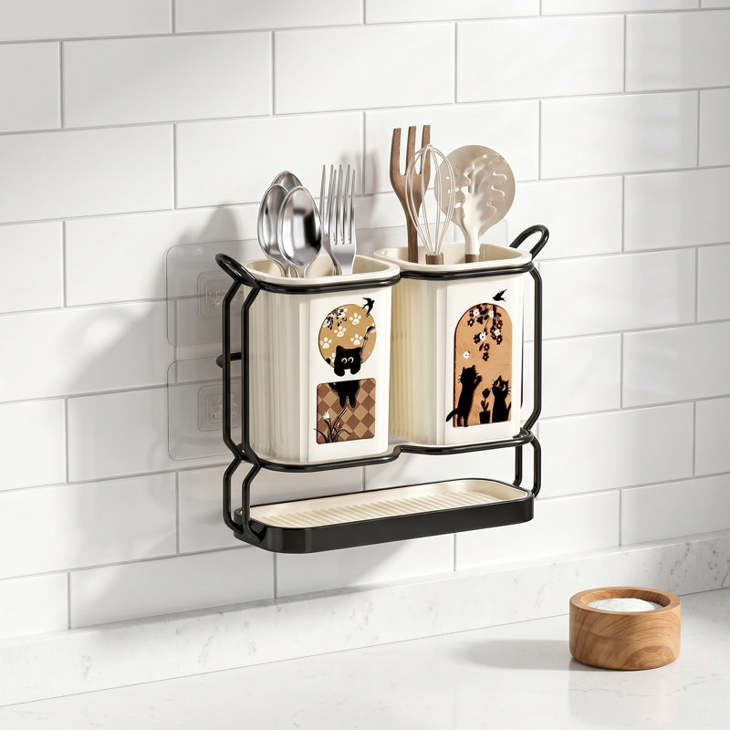 Wall-mounted, Drill-free Double-tub Cutlery Holder: Kitchen Countertop Cutlery Drain And Storage Rack, White