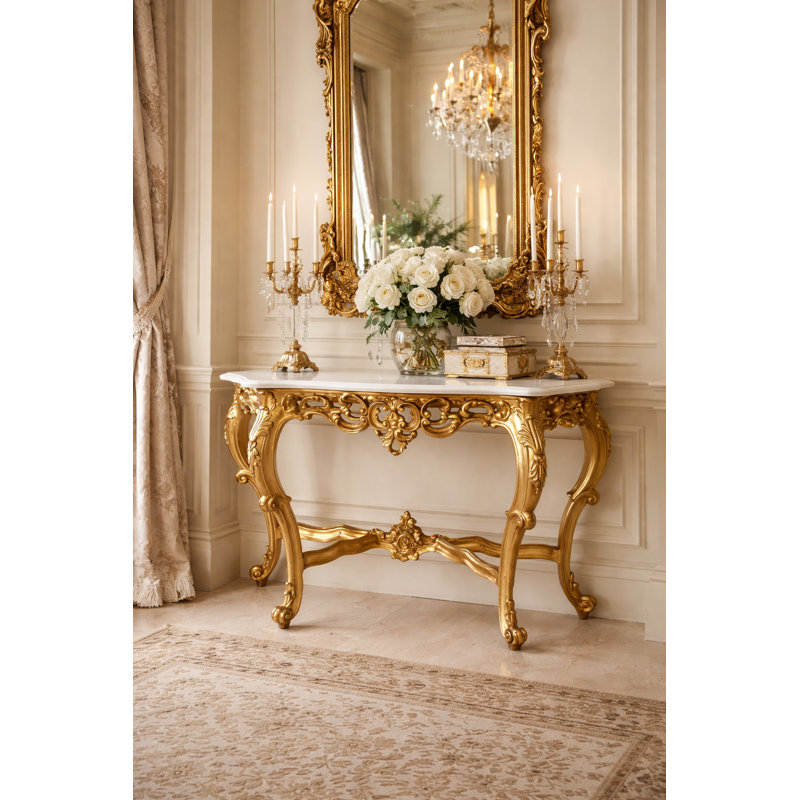 47'' Genuine Marble Console Table, White Top/Gold Base, 34.25" H x 53" W x 16.93" D