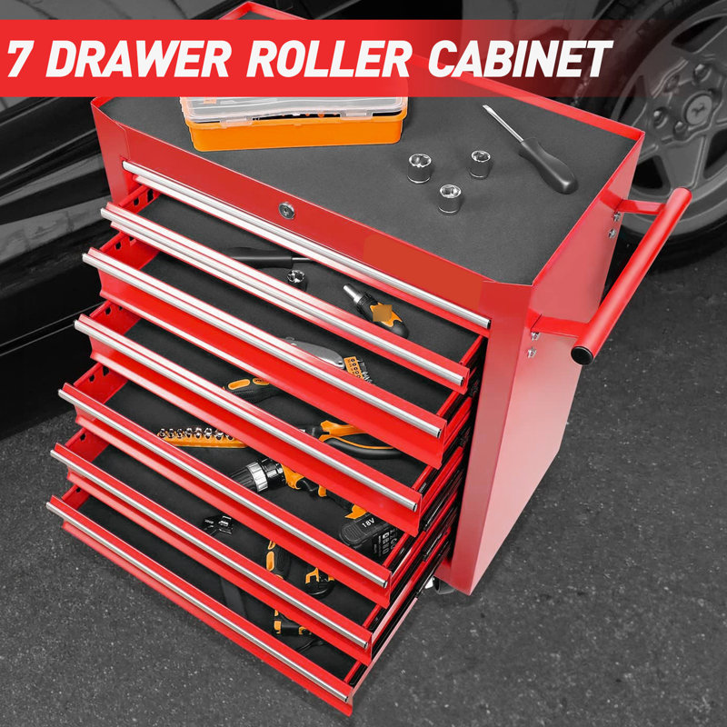 Chariot à outils roulant avec 7 boîtes. Pour le garage, l'atelier, l'entrepôt. Rangement spacieux, facile à déplacer, caisson en acier. Atelier de réparation. Une mobilité en douceur,