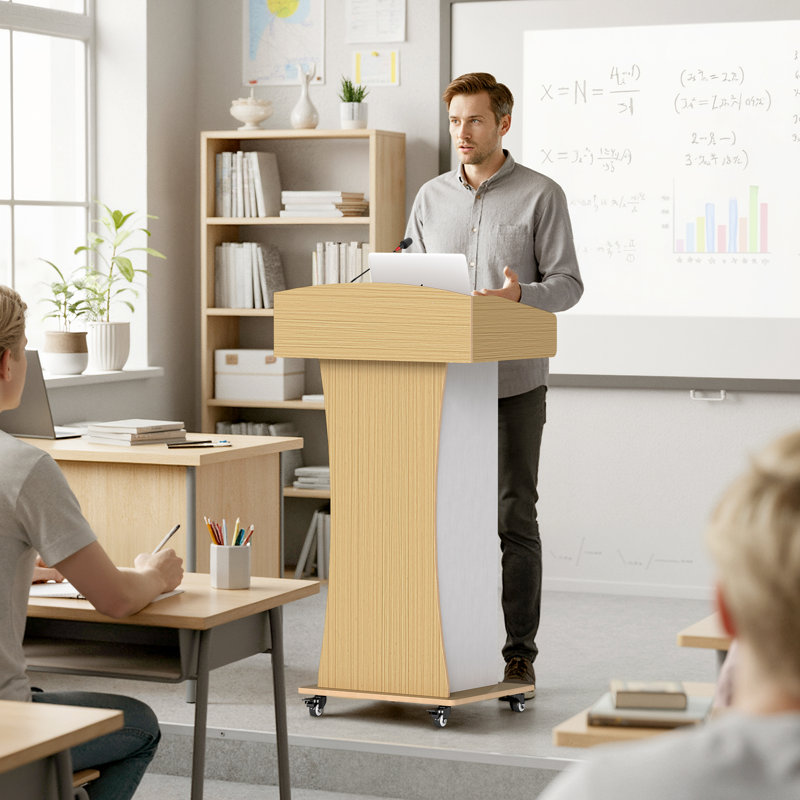 Chariot à roulettes mobile avec pupitre mobile, support de présentation à cadre blanc chêne clair avec roulettes verrouillables, tablette et tiroir de rangement réglables pour école, salle de conférence, salle de formation