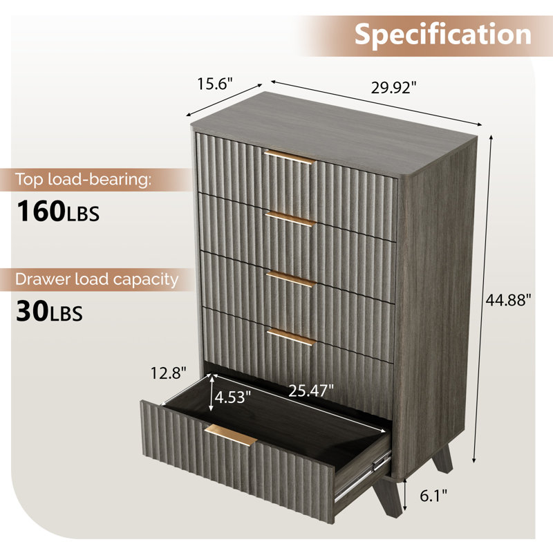 5 Drawer Grille Chest P2 Particleboard Density Board 30" W, Gray Oak