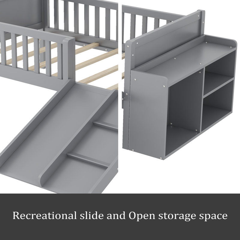 Lit mezzanine simple pour enfants avec glissade, bibliothèque mobile, garde-corps, Gris