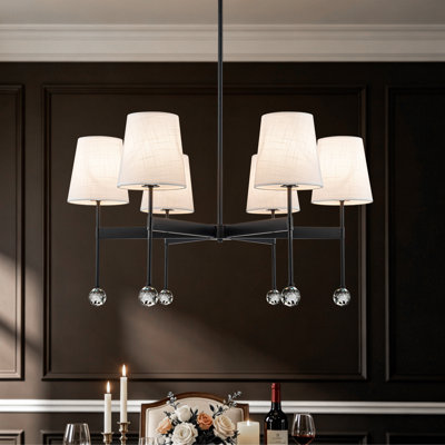 6 - Light Dimmable Classic / Traditional Chandelier With White Linen Shades