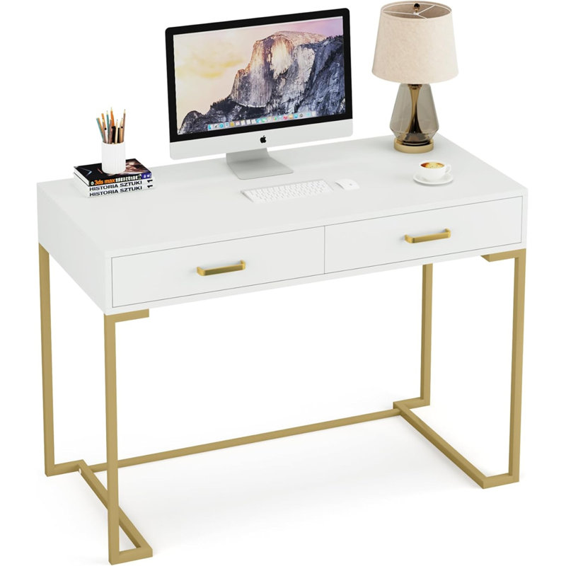 Bureau d'ordinateur 40 po blanc et doré avec 2 tiroirs (sans la chaise)