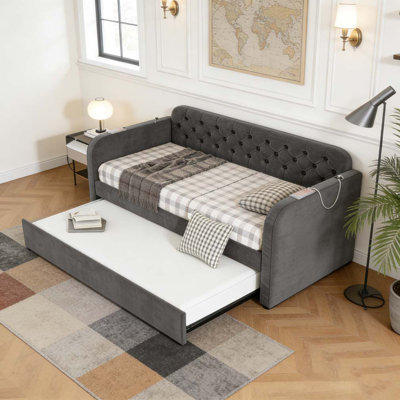 Twin Size Upholstered Daybed with Trundle and USB Charging Design by Red Barrel Studio