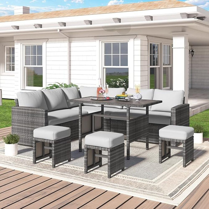 Angila 7 Piece Sectional Seating Group, Gray Cushion/Gray Frame