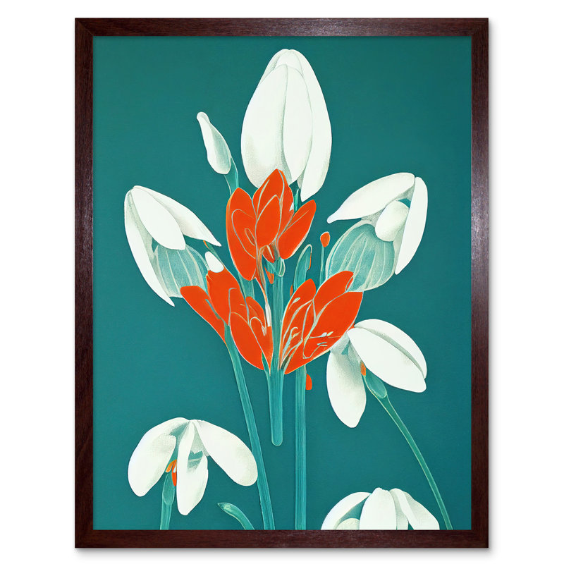Abstract Retro Snowdrops Red Flowers - Print, Brown Framed Paper, 43cm H x 33cm W