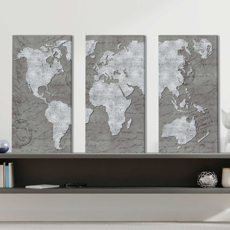 " World Map On Script " 3 - Pieces, 32" H x 48" W x 1" D