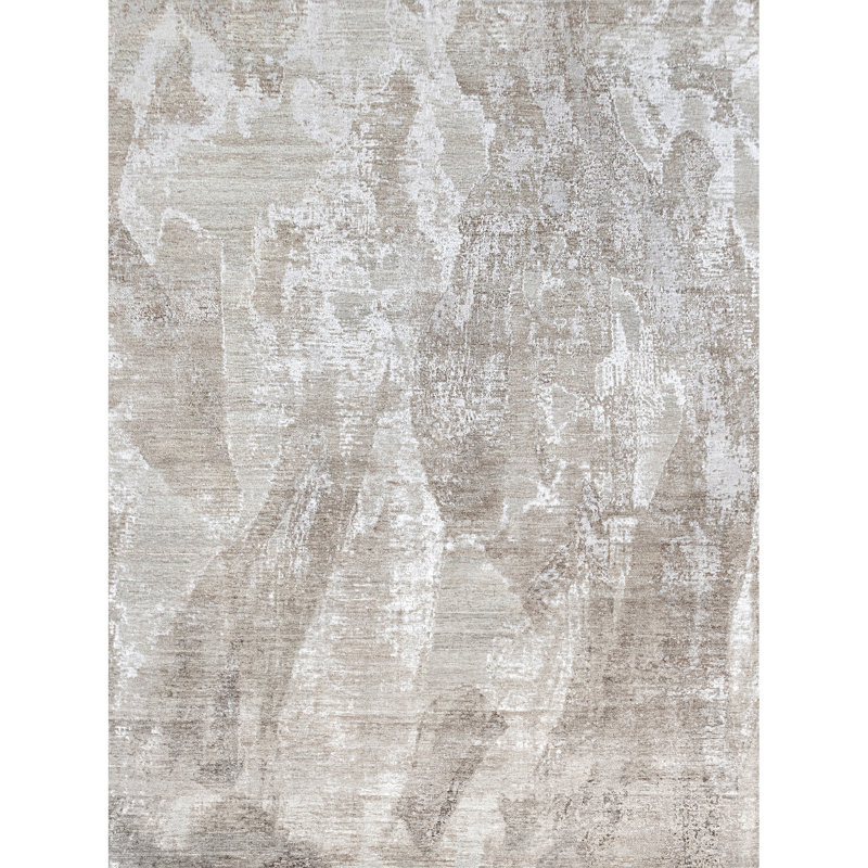 Hand Knotted Area Rug in Beige And Silver, Rectangle 6' x 9'