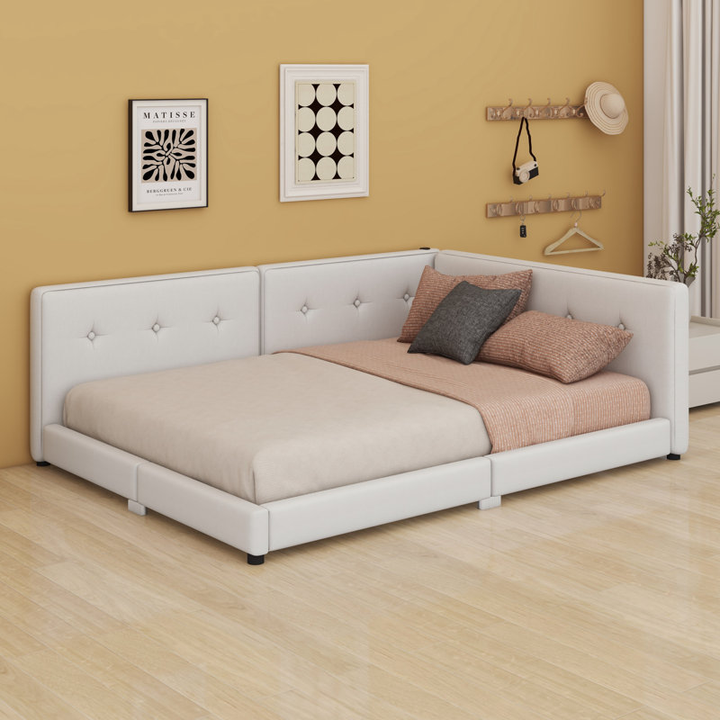 Lit plateforme tapissier avec ports USB, Beige, Lit double