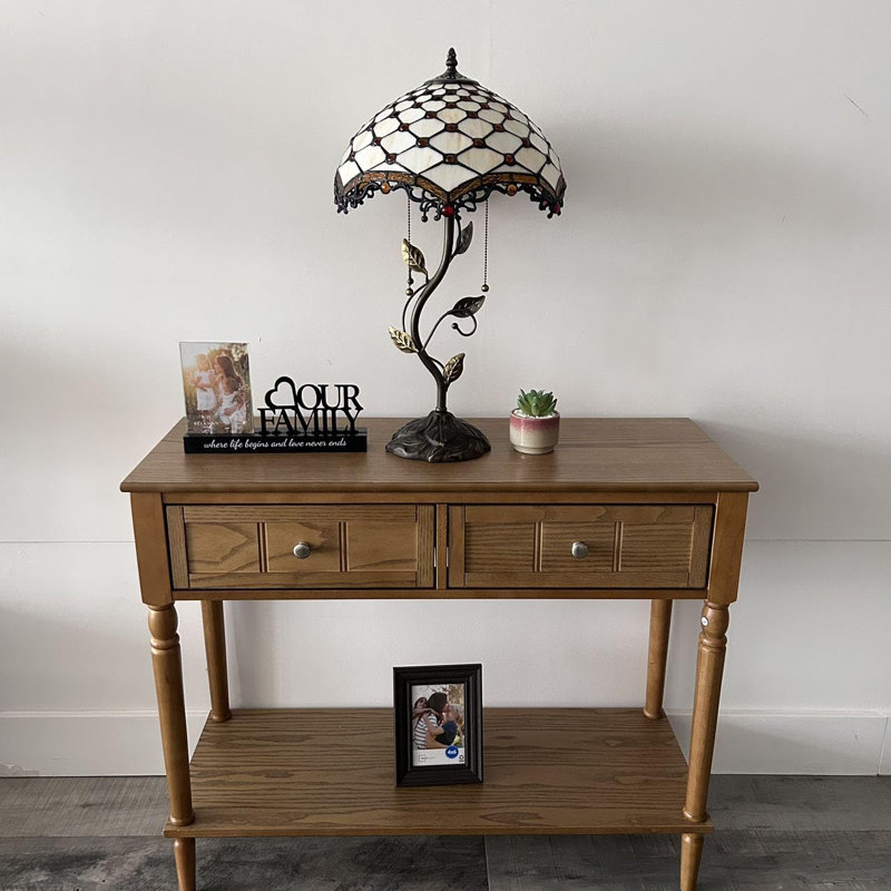 Haydee Tiffany Table Lamp Beige Stained Glass Crystal Beans Iron Metal Leaves Bronze Base LED Bulb , 24" H x 14" W x 14" D